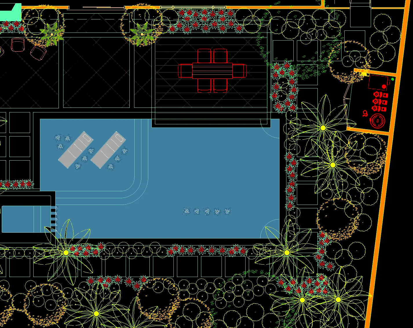 CAD planting and terrace plan with pool and dining terrace