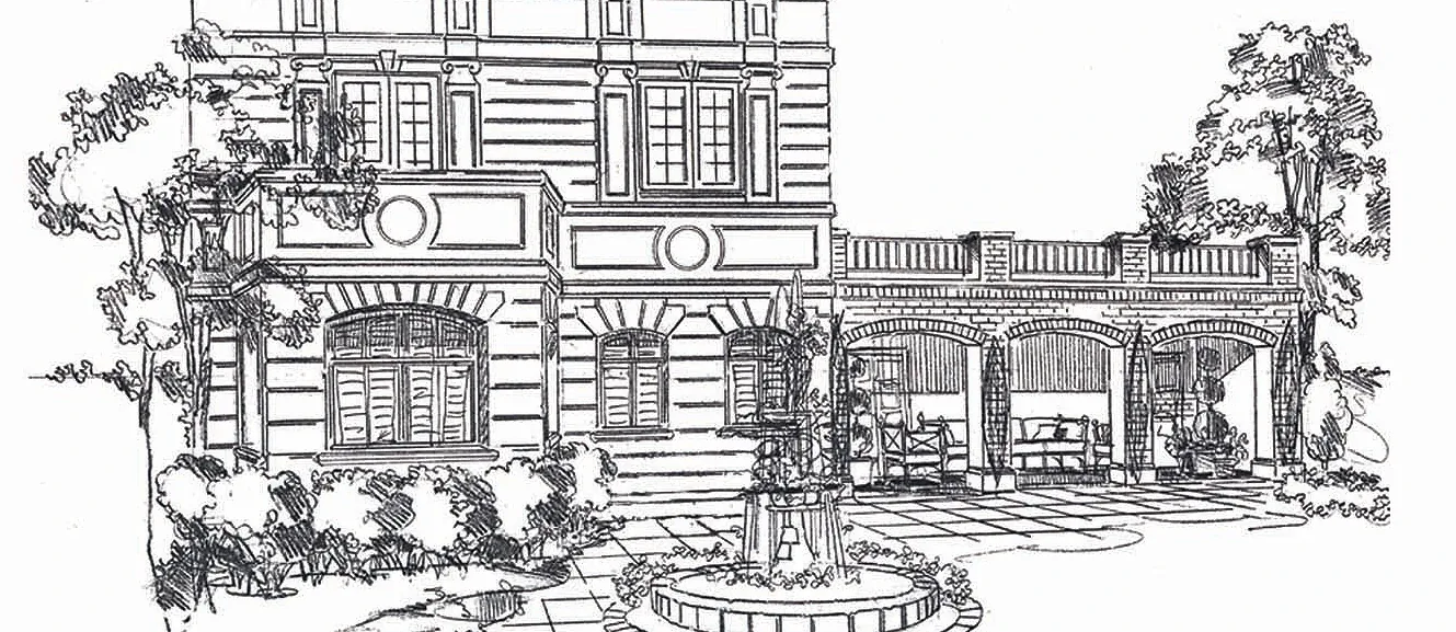 Pen-and-ink elevation of an estate courtyard and fountain