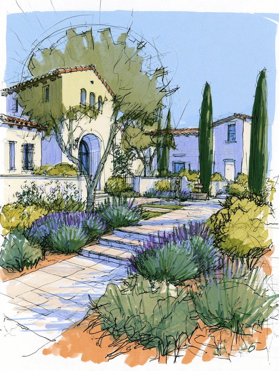 Preliminary watercolor and ink concept sketch of a Laguna Beach Mediterranean garden