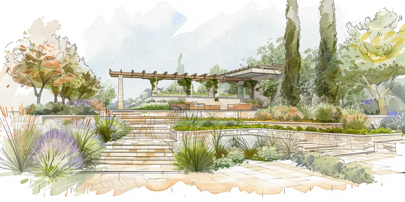 Lost Hills terraced garden and pergola, watercolor