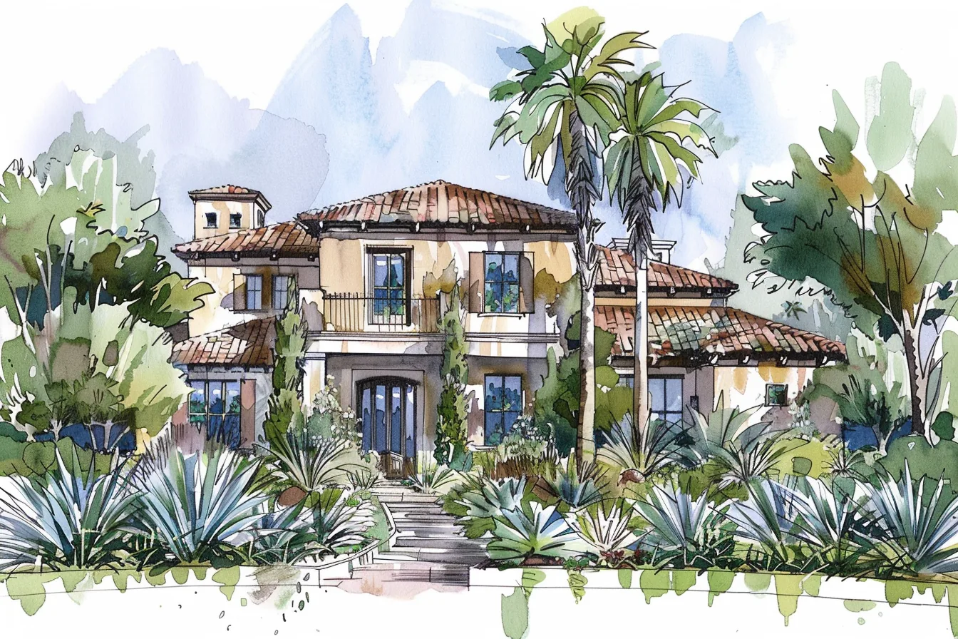 Mediterranean residence and agave garden, watercolor