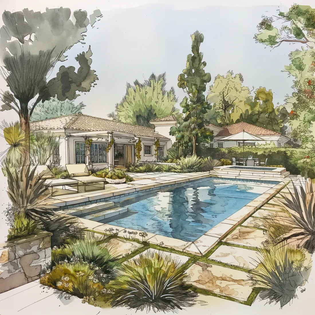 San Clemente pool garden watercolor rendering
