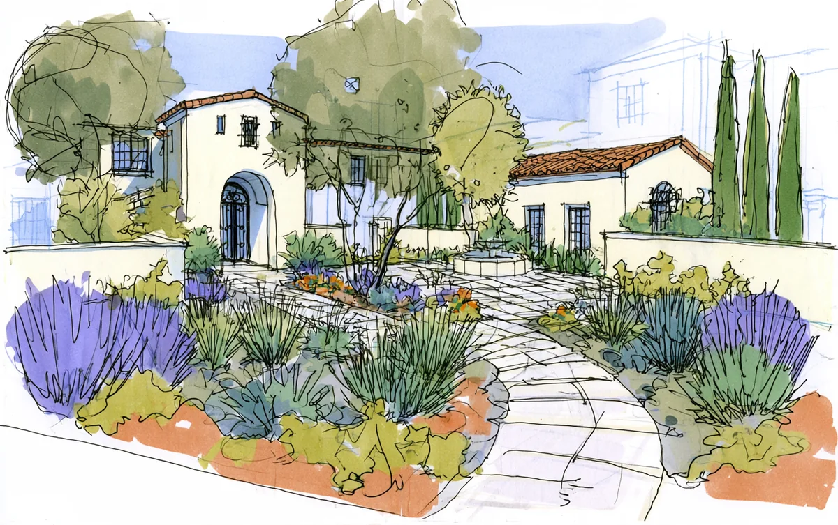Santa Monica Spanish-style entry garden, watercolor sketch