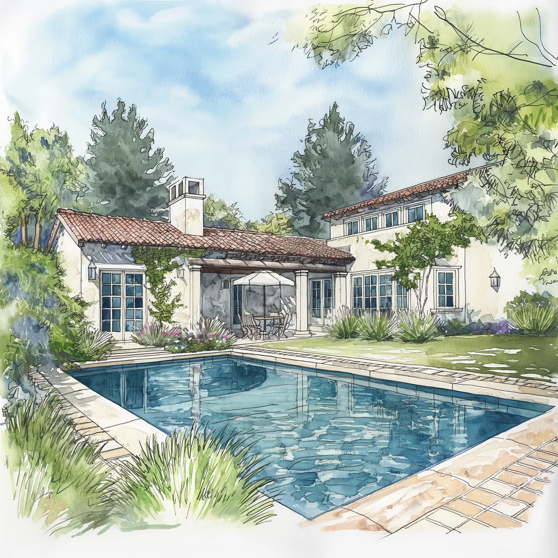 Watercolor rendering of a Mediterranean pool garden