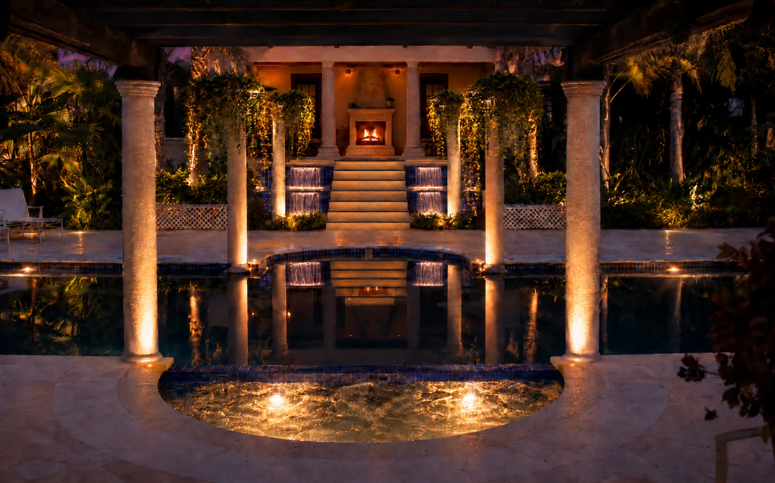 Brentwood Mediterranean tropical garden with illuminated Cantera steps, cascades, pool and spa at night