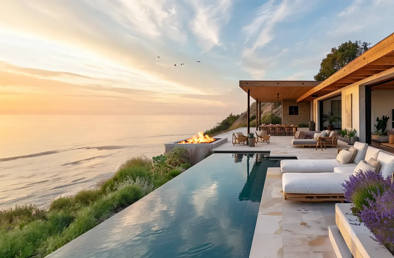 Malibu vanishing-edge pool and terrace above the Pacific at sunset