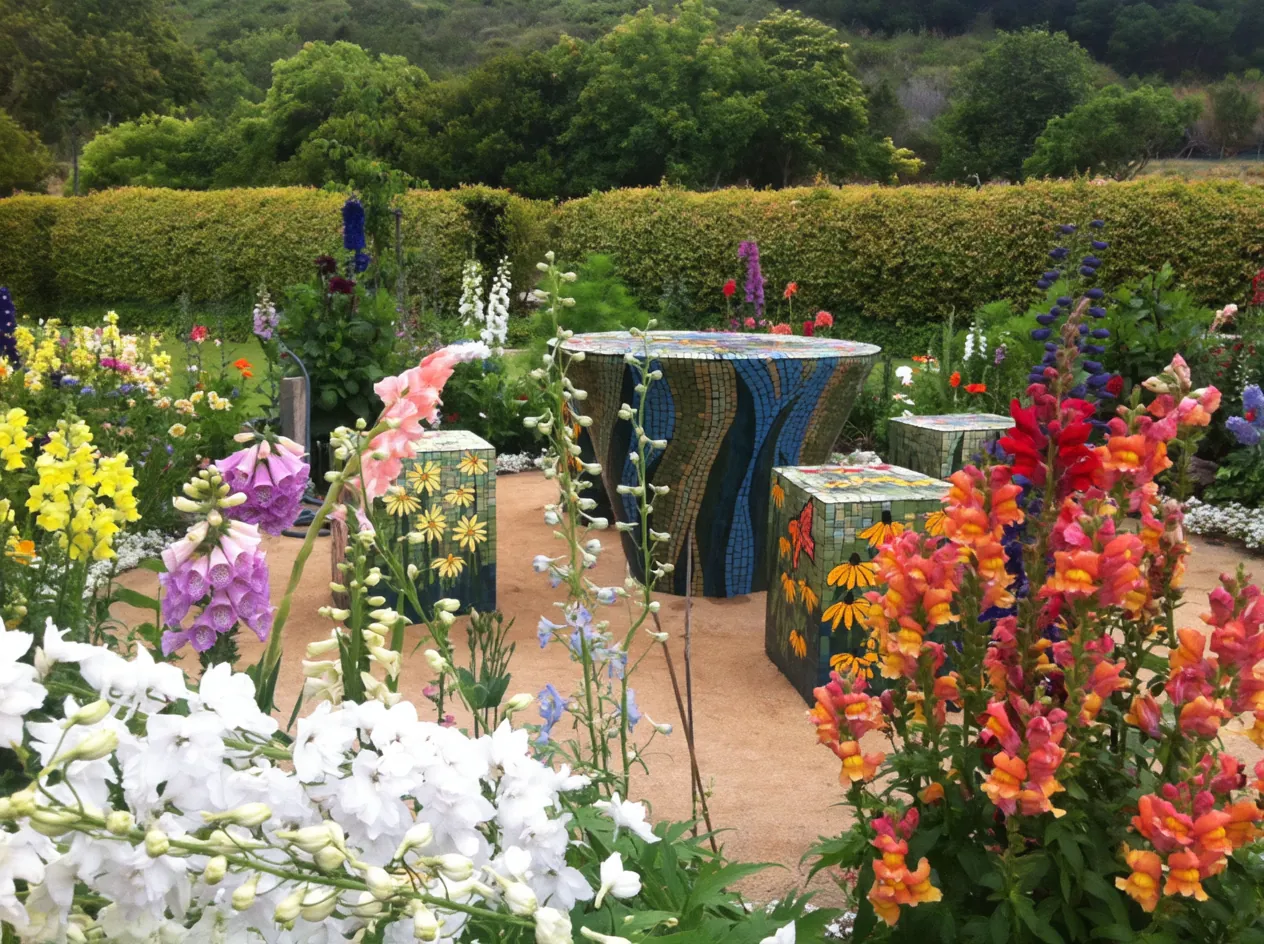 Montecito cutting garden with mosaic table and seats