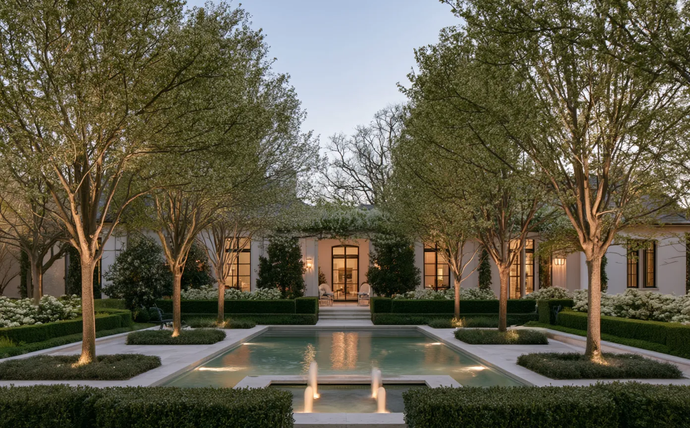 Formal garden with illuminated trees and a reflecting pool at dusk