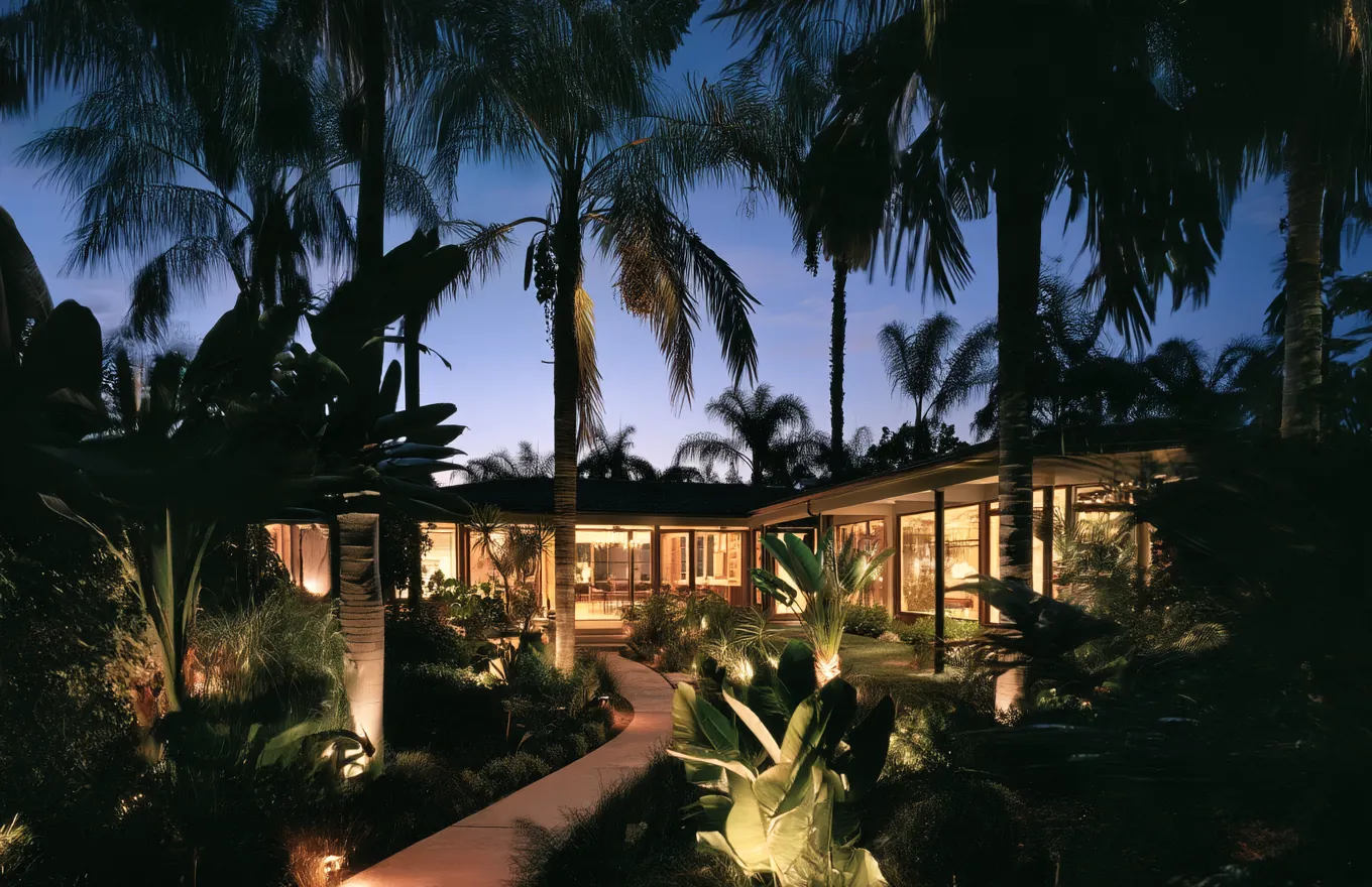 Newport Beach tropical garden and pavilion at dusk