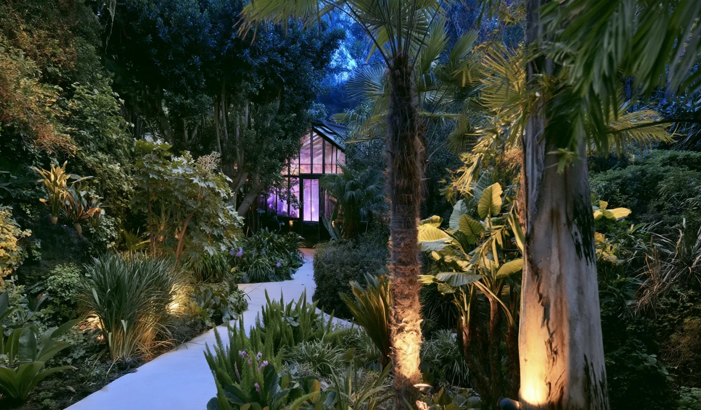 Santa Monica tropical planting around a glass greenhouse
