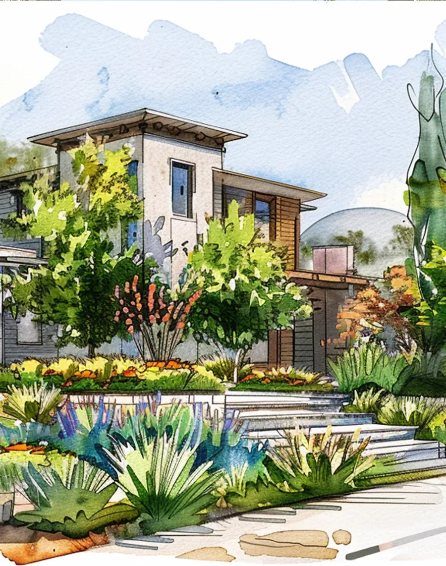 Watercolor rendering of a Palos Verdes Estates backyard