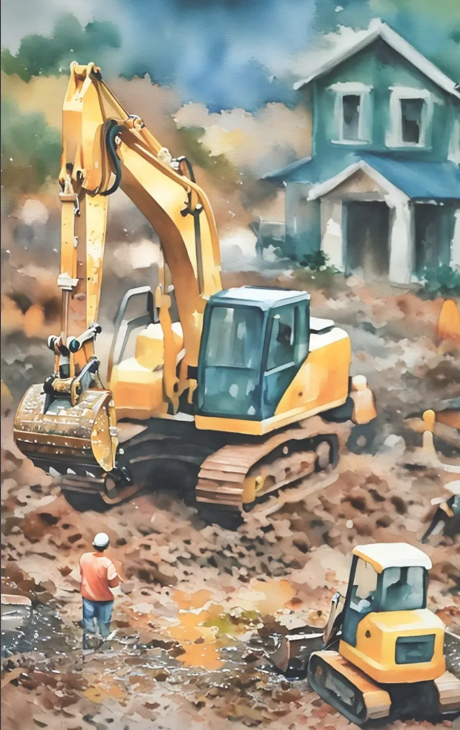Watercolor of excavation equipment on a residential site