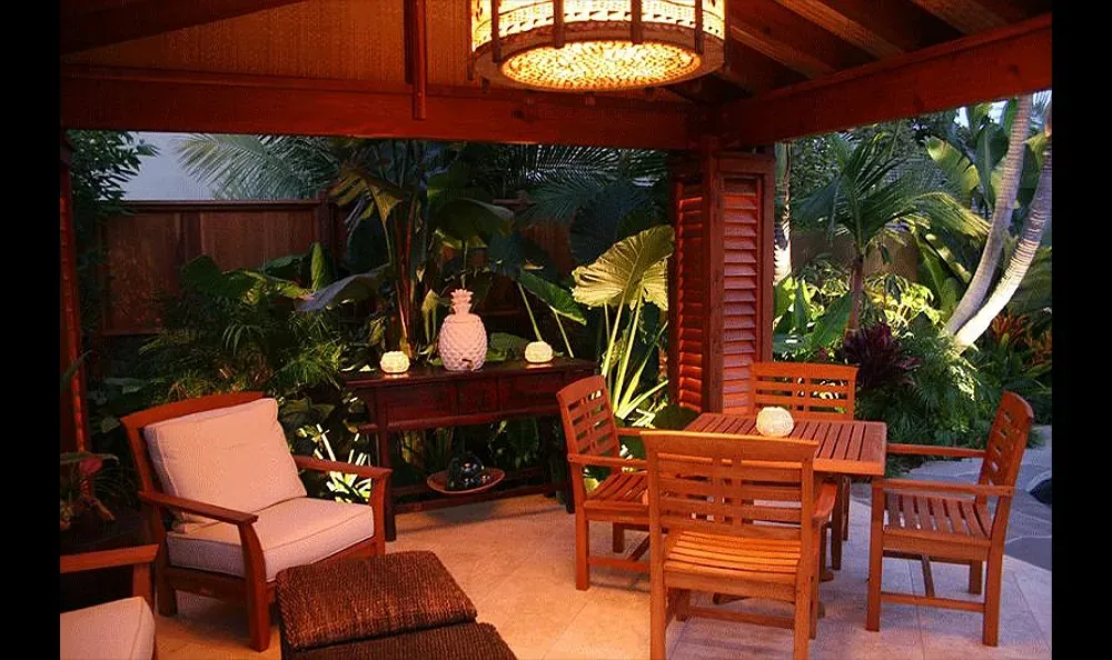 Sunset Magazine feature garden: pavilion lounge beneath a hand-made lantern
